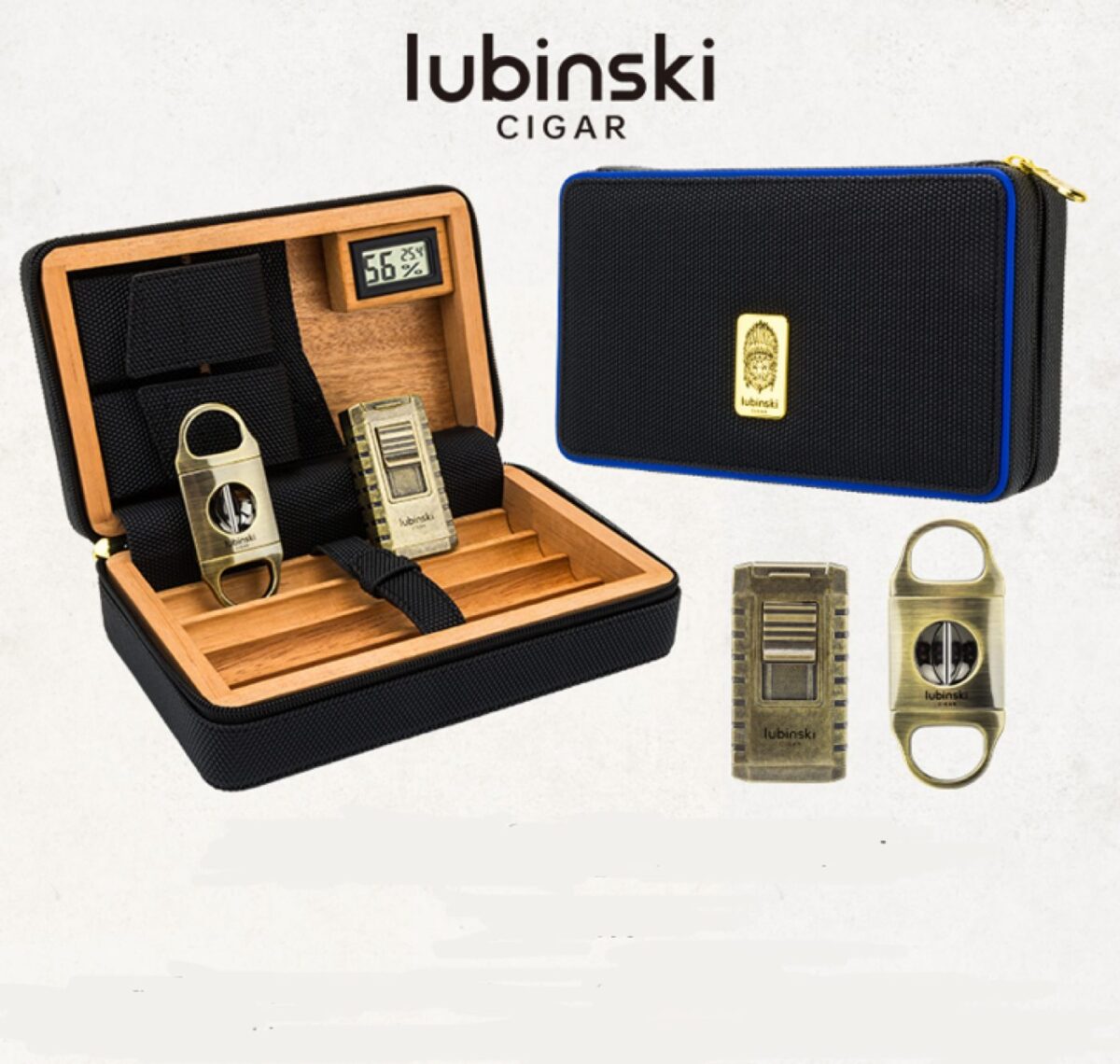 Lubinski travel humidor for 4 cigars, black with blue element
